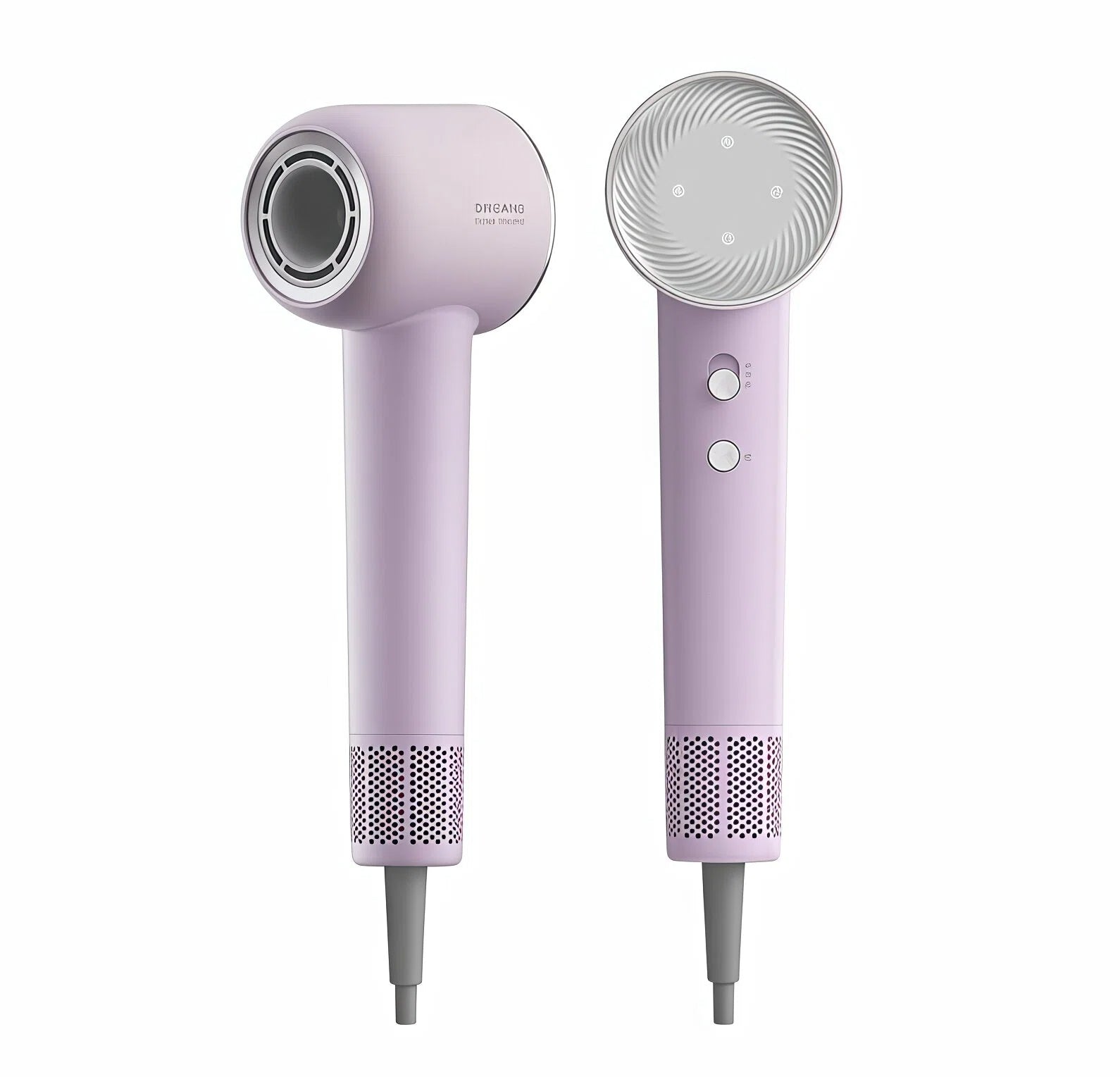 Dreame Hair Glory high-speed hair dryer in lilac purple, front and rear view with magnetic nozzle