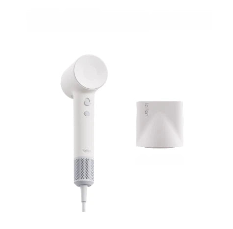 Laifen SE 2 high-speed hair dryer in white with magnetic concentrator nozzle attachment displayed beside it
