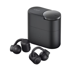 Black CMF Clip Pro open-ear earbuds and charging case with Smart Dial