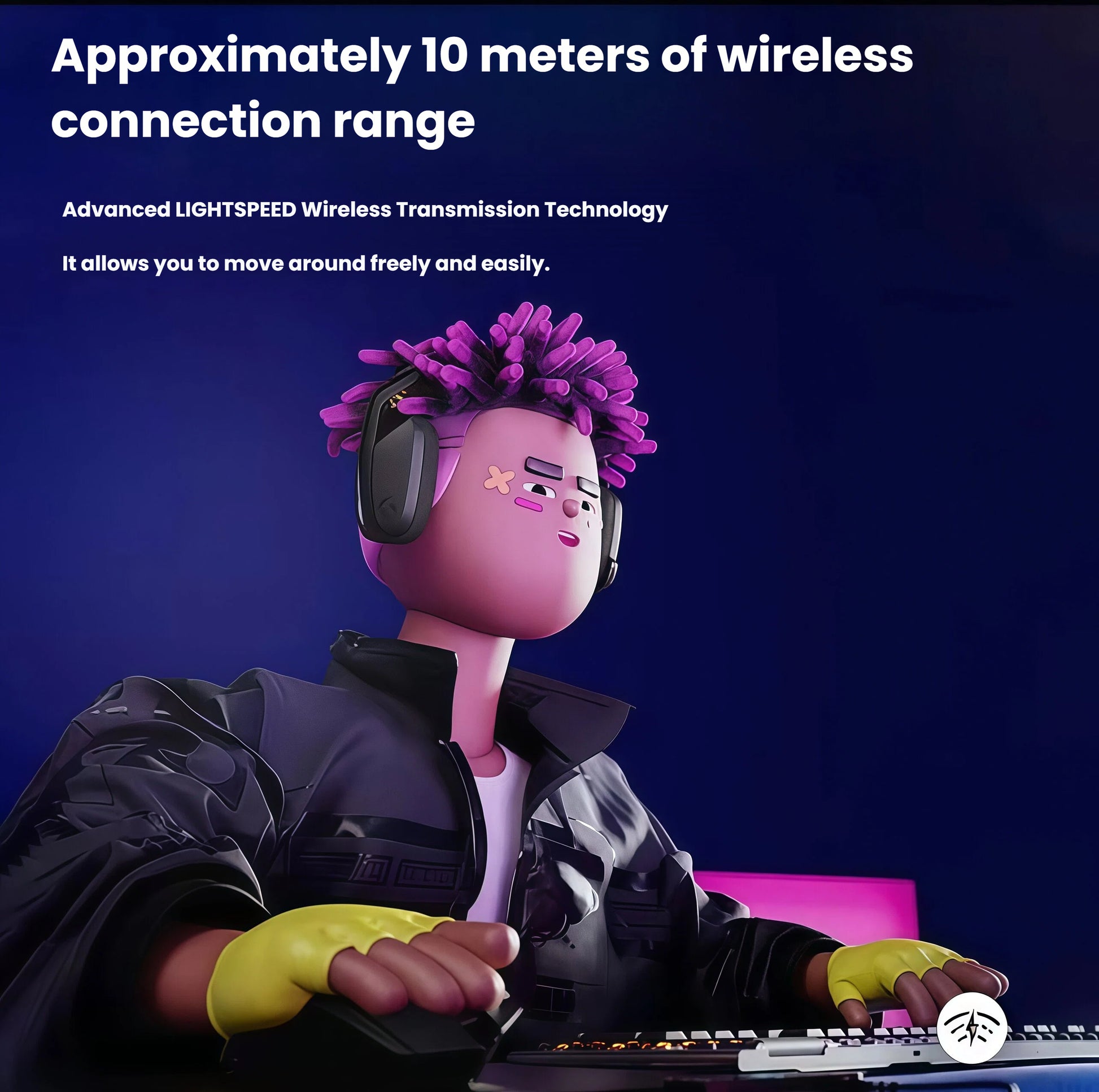 3D-rendered gamer wearing the black G435 while typing, illustrating the 10 m wireless range and unrestricted movement around the gaming setup.