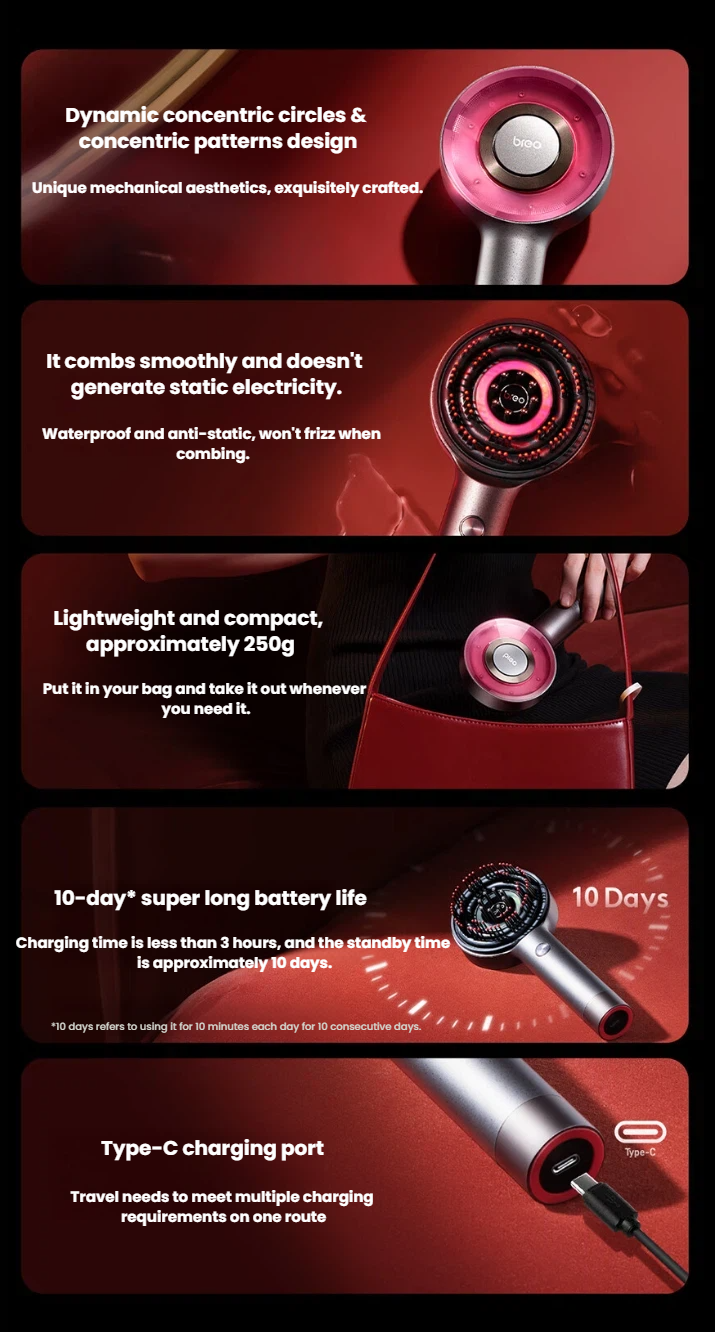 Breo S3 scalp massager lightweight 250g design with Type-C charging, in red