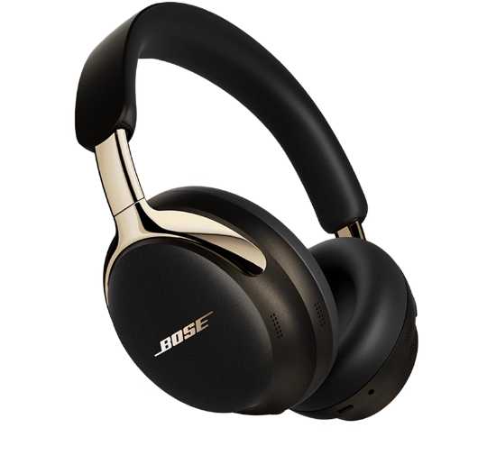 Bose QuietComfort Ultra Headphones Gen 2 in black with champagne gold accents, wireless noise cancelling pair