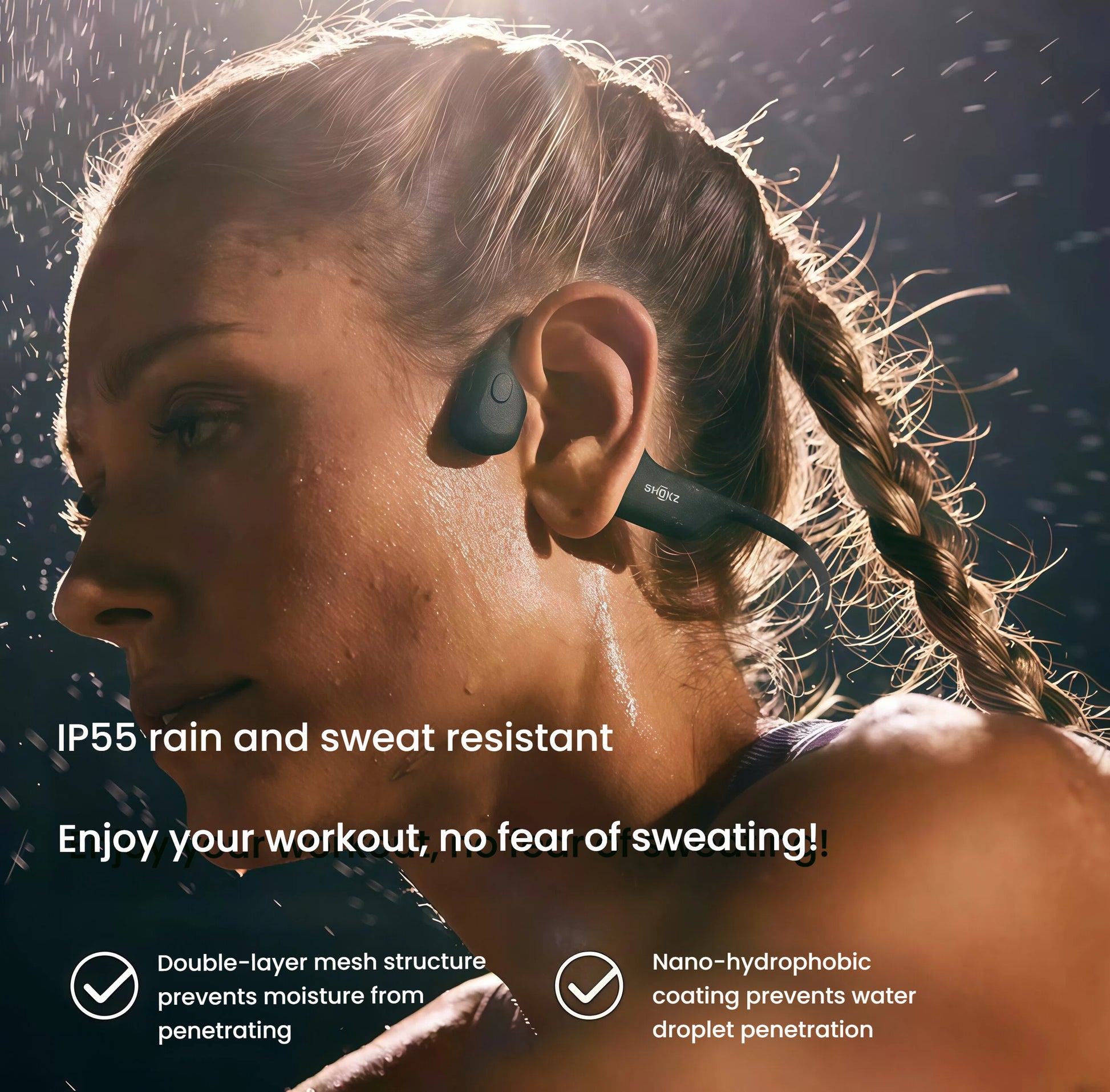 Woman wearing Shokz OpenRun Pro open-ear headphones in rain showing IP55 sweat and water resistance