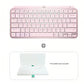 Logitech MX Keys Mini rose pink minimalist wireless backlit keyboard shown with complimentary tablet stand