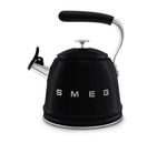 Smeg 50's Retro stovetop whistling kettle in glossy black with chrome handle and embossed logo