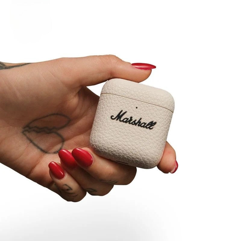 Marshall Minor IV charging case open showing earbuds and Marshall branding