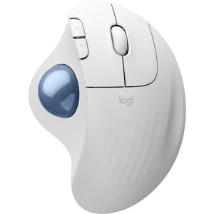 Logitech M575S wireless trackball mouse in off-white with blue trackball.