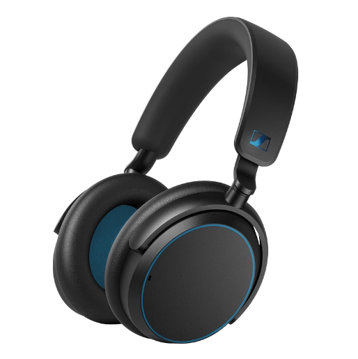 Sennheiser ACCENTUM wireless noise cancelling over-ear headphones in black with blue accent ring and Sennheiser logo on headband