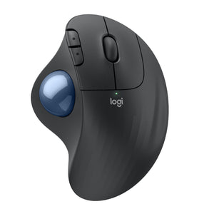 Logitech M575S wireless trackball mouse in black with blue trackball.