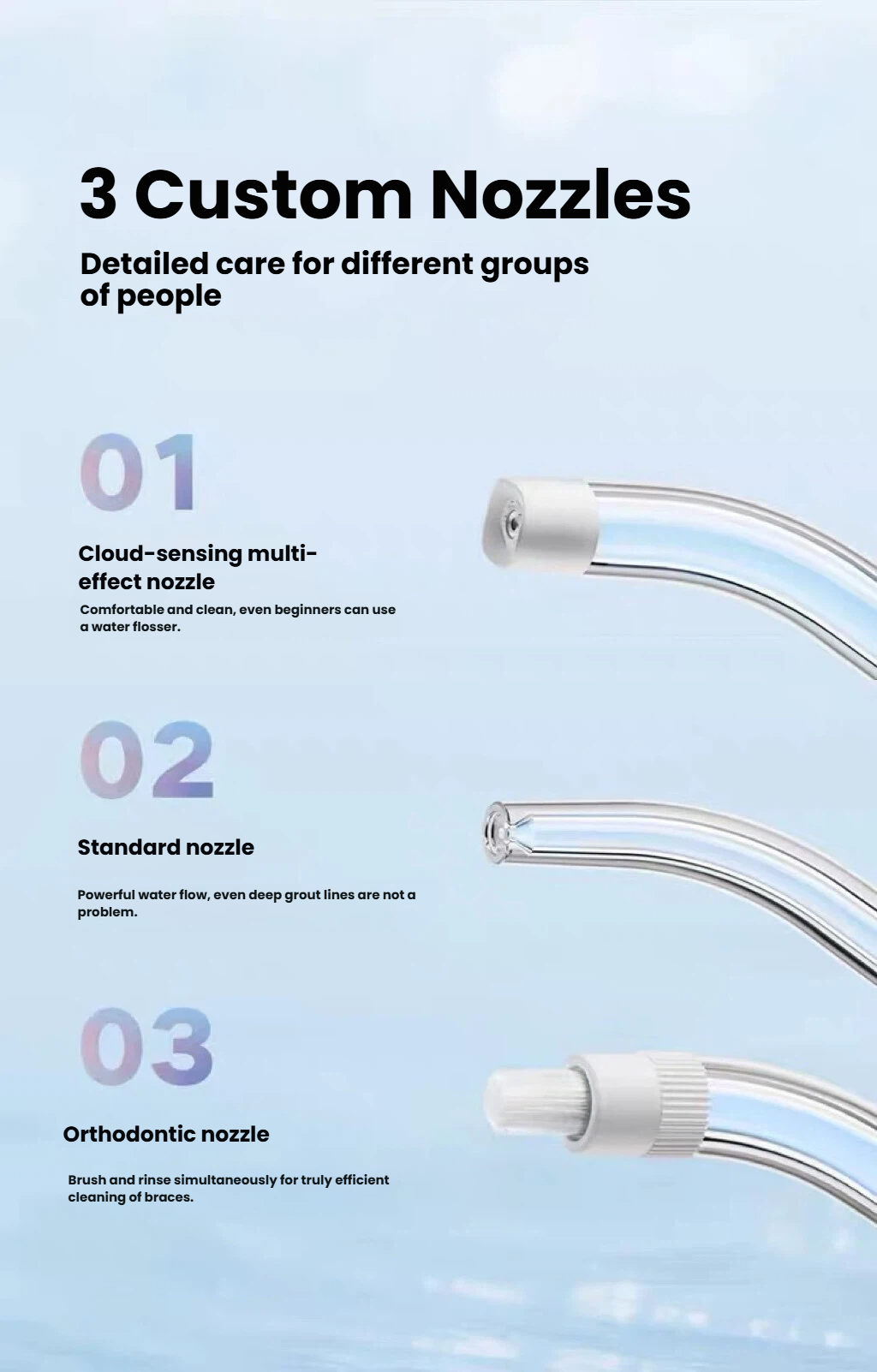 Xiaomi MIJIA F300 water flosser nozzle options for daily and braces care