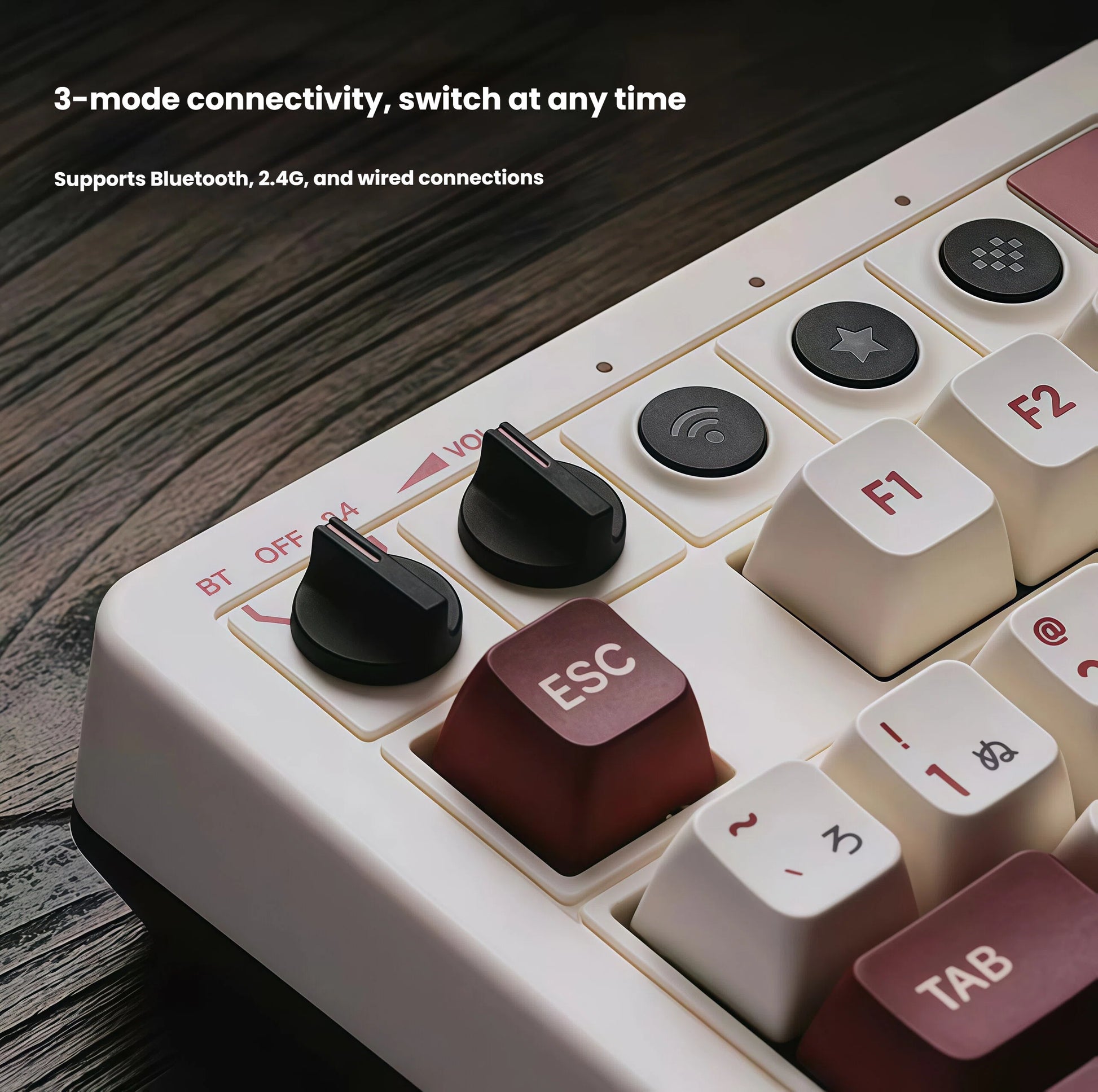 Top-down view of the 8BitDo Retro 108 mechanical keyboard featuring a full 108-key layout, retro-inspired keycap colors, and an attached dual-button controller with A and B inputs. Designed for both typing and retro gaming, it blends vintage style with modern mechanics.