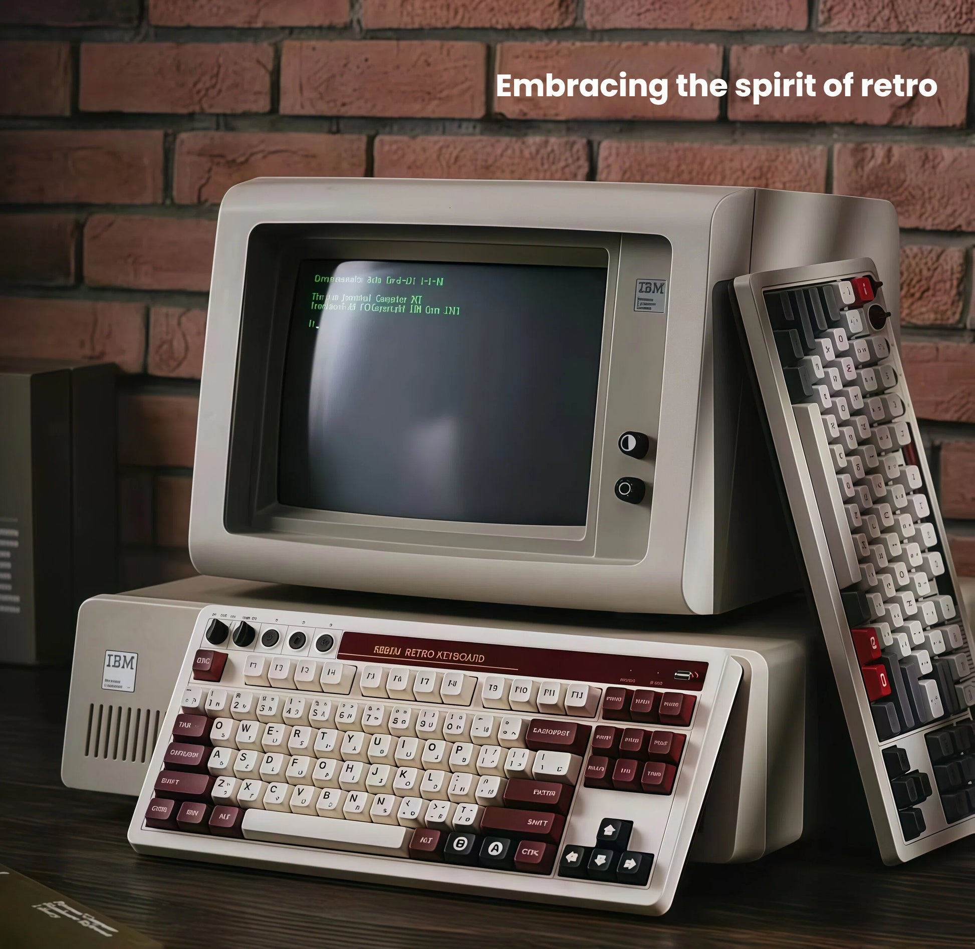 The 8BitDo Retro 108 mechanical keyboard styled like a classic IBM PC, displayed alongside a vintage CRT monitor with green text display. Set against a brick wall background, it captures the essence of 80s/90s computing with authentic retro aesthetics and modern functionality.