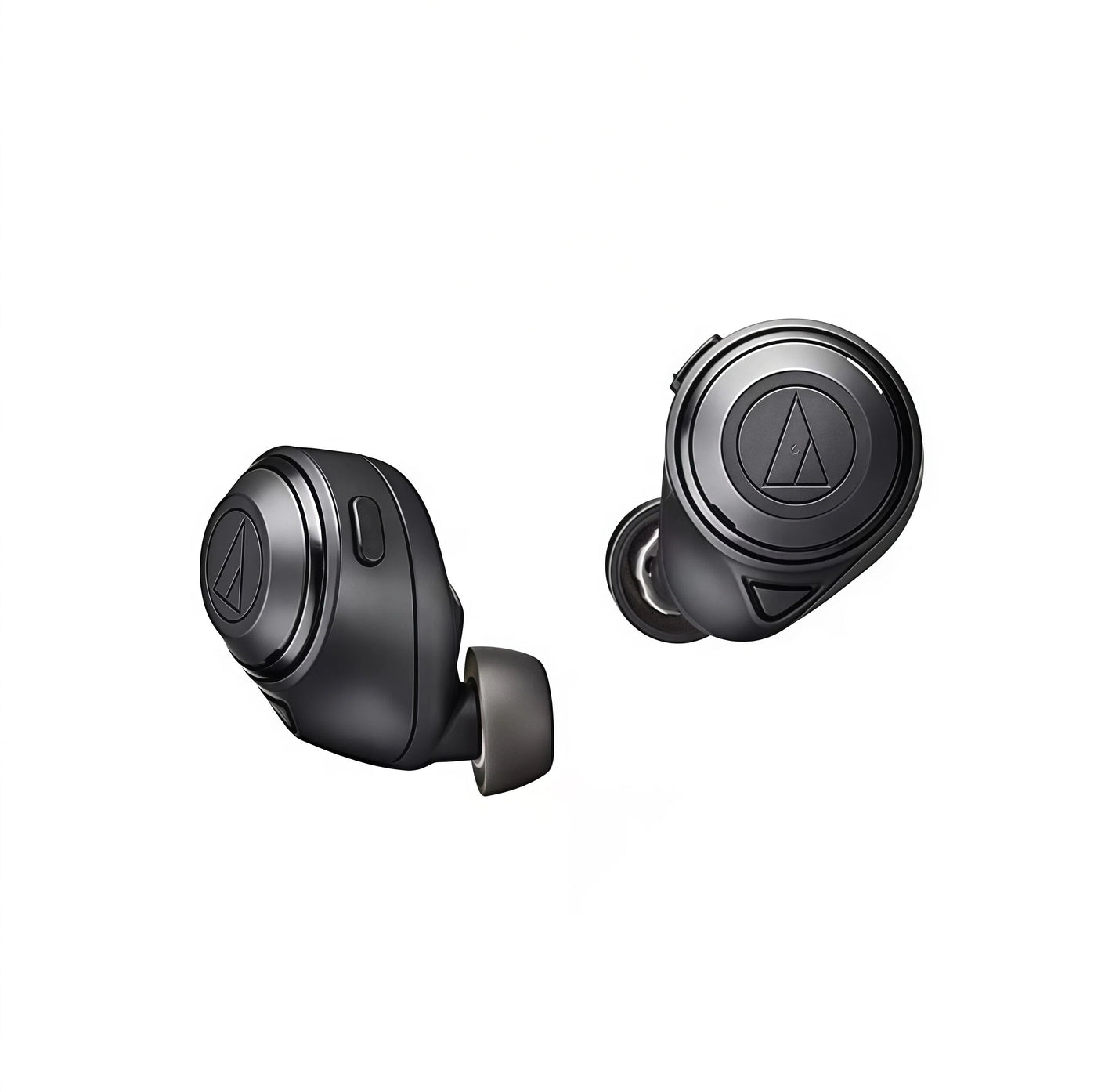 Front and side view of Audio-Technica ATH-CKS50TW2 true wireless earbuds showcasing sleek black finish, control buttons, and iconic triangle logo