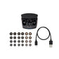 Audio-Technica ATH-TWX9 true wireless earbuds bundle featuring premium earbuds, compact charging case, multiple silicone ear tips, and USB-C charging cable.