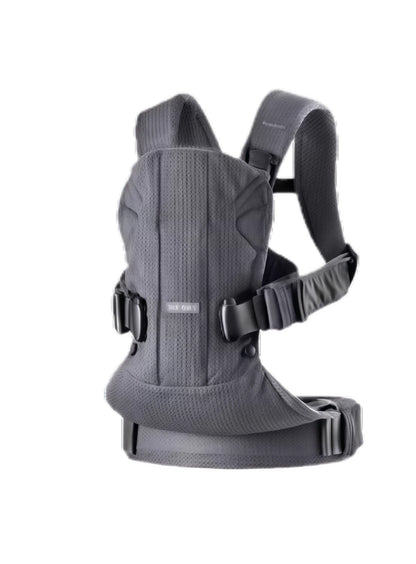 Dark grey BabyBjörn Carrier One Cotton baby carrier front view showcasing durable cotton construction, padded back support, and easy-adjust buckles for parents.
