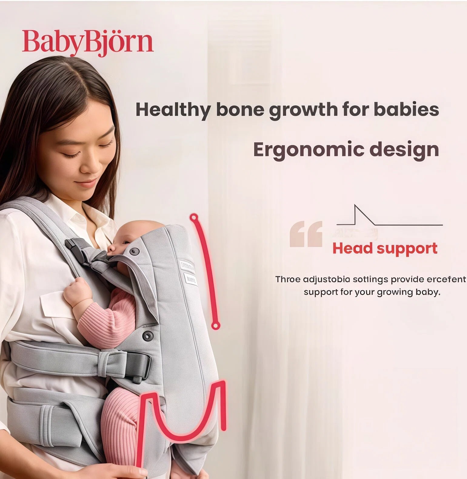 Mother wearing BabyBjörn Carrier One Cotton with baby in front-facing position – ergonomic M-shape seat supports healthy hip development and spine growth.
