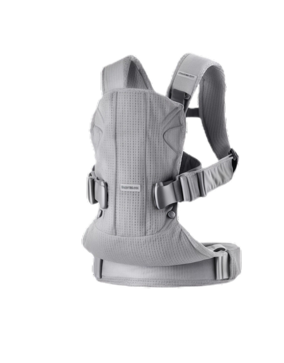 Light grey BabyBjörn Carrier One Cotton baby carrier with breathable cotton fabric, M-shaped seat for hip health, and secure fit for newborns and toddlers.