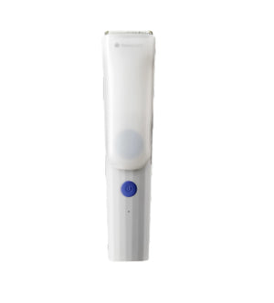 Front view of Babycare baby hair clipper in white with blue power button, featuring sleek design and built-in hair suction system for clean trimming