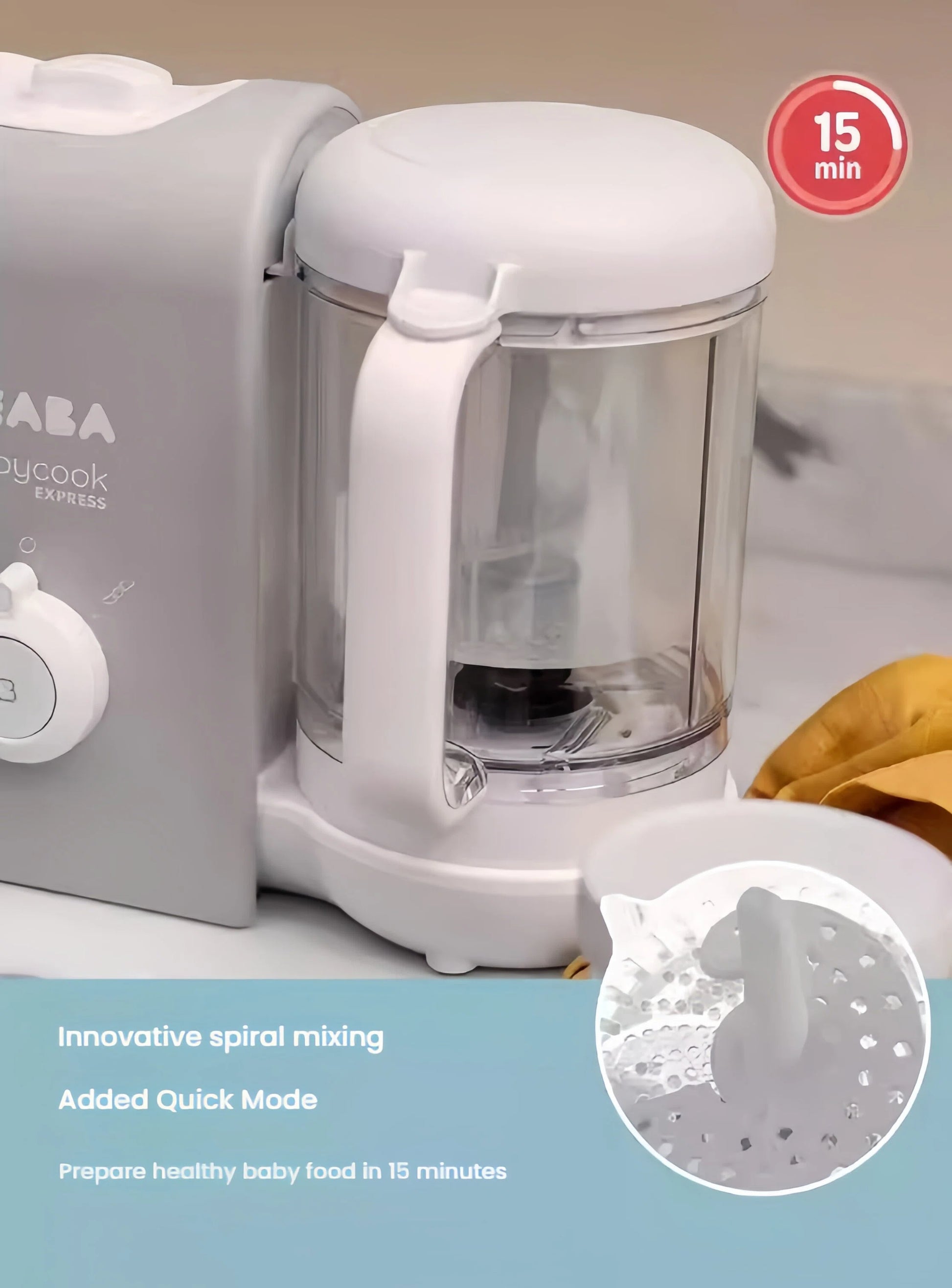 Beaba Babycook Express features an innovative spiral mixing blade for even blending and added Quick Mode—prepare healthy baby food in just 15 minutes with no mess or transfer.