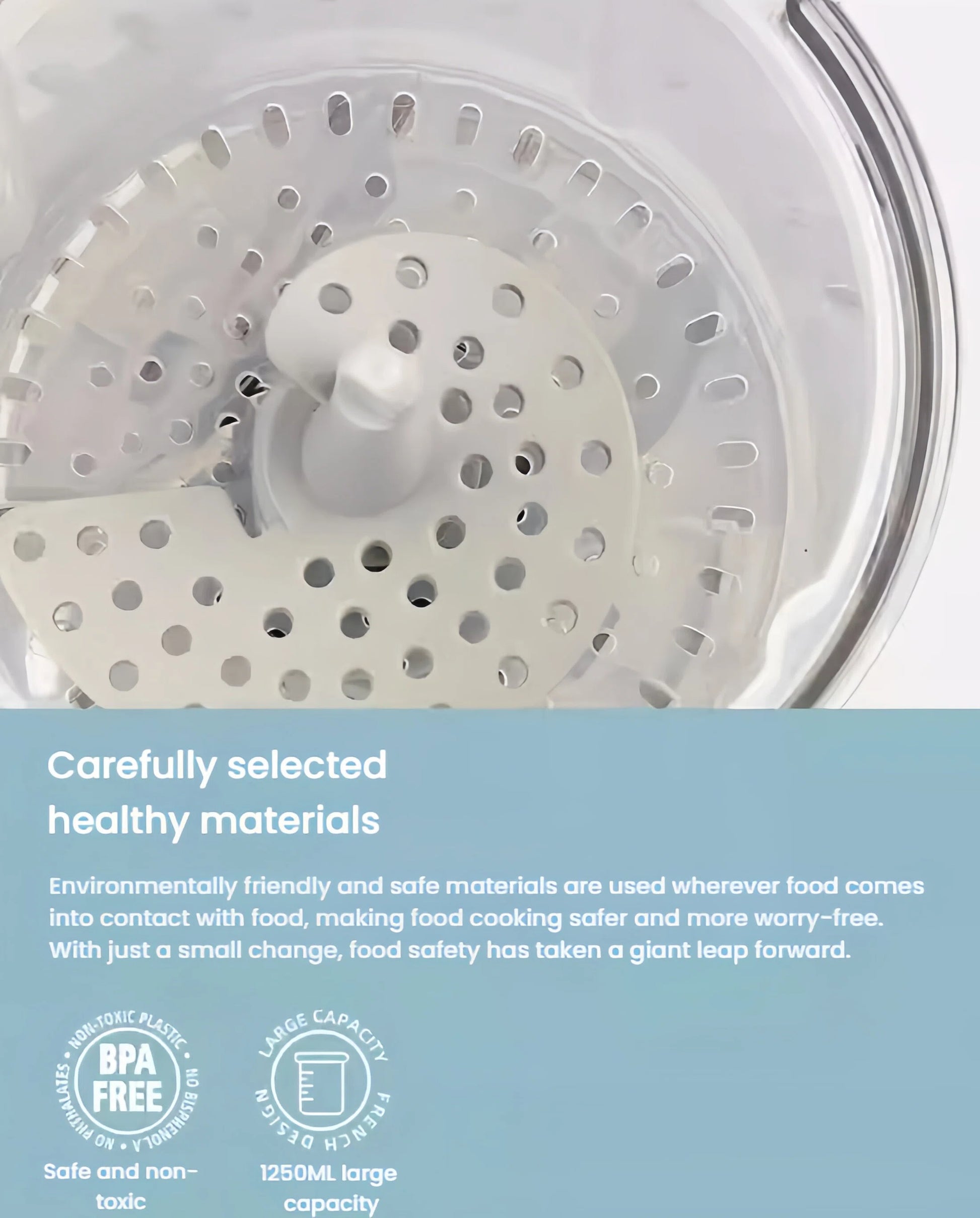 Close-up of Beaba Babycook Express spiral mixing basket made from BPA-free, non-toxic materials—ensuring safe, hygienic, and environmentally friendly baby food preparation.