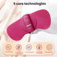 Close-up of the Beurer EM50 TENS heat pad highlighting its 5 core technologies: TENS pulse therapy, constant temperature heating, 15 massage levels, skin-friendly seamless design, and long battery life for all-day comfort.