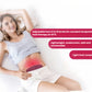 A woman lying comfortably on her back with the Beurer EM50 heat pad placed over her lower abdomen. The device delivers constant temperature heat therapy at 43°C with 15 adjustable intensity levels for personalized cramp relief.