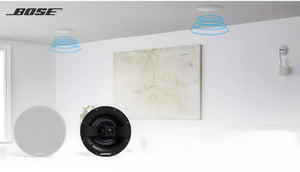  An illustration showing Bose 791 II speakers installed in a modern living room ceiling, demonstrating how they deliver balanced, room-filling stereo sound for an immersive audio experience.