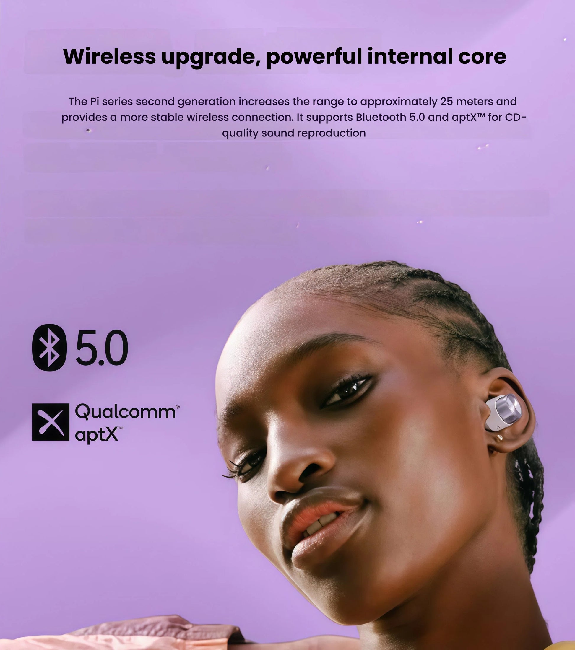 Close-up of Bowers & Wilkins Pi5 S2 earbud showcasing Bluetooth 5.0 and Qualcomm aptX™ support for stable, high-fidelity wireless audio transmission.