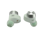 Front view of Bowers & Wilkins Pi5 S2 true wireless earbuds in mint green color, featuring premium metal accents and ergonomic design for comfort and style.