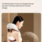 A woman wearing the Breo 3D hands-free neck and shoulder massager with a visual timer indicating 10-minute usage. The device offers up to 7–10 sessions per charge after a 4-hour full recharge.