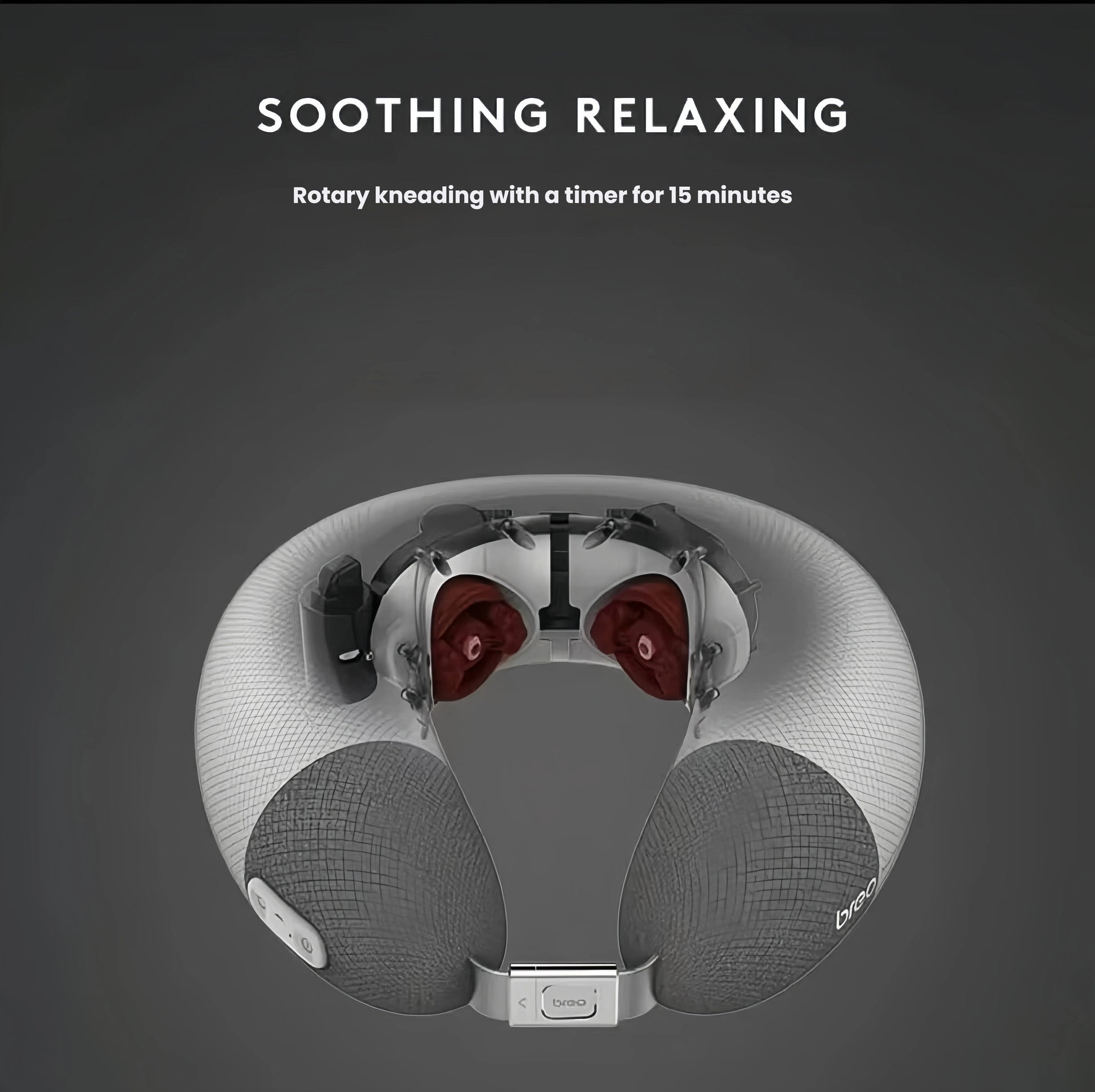 Top-down view of the Breo iNeck Air 2 showing internal rotary kneading nodes and heating elements. The device provides soothing massage with an automatic 15-minute timer for safe, hands-free use.