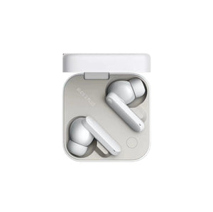 Top-down view of white CMF Buds 2 Plus true wireless earbuds inside their open charging case, showcasing minimalist design, ergonomic shape, and "BUDS 2 PLUS" branding on the interior.