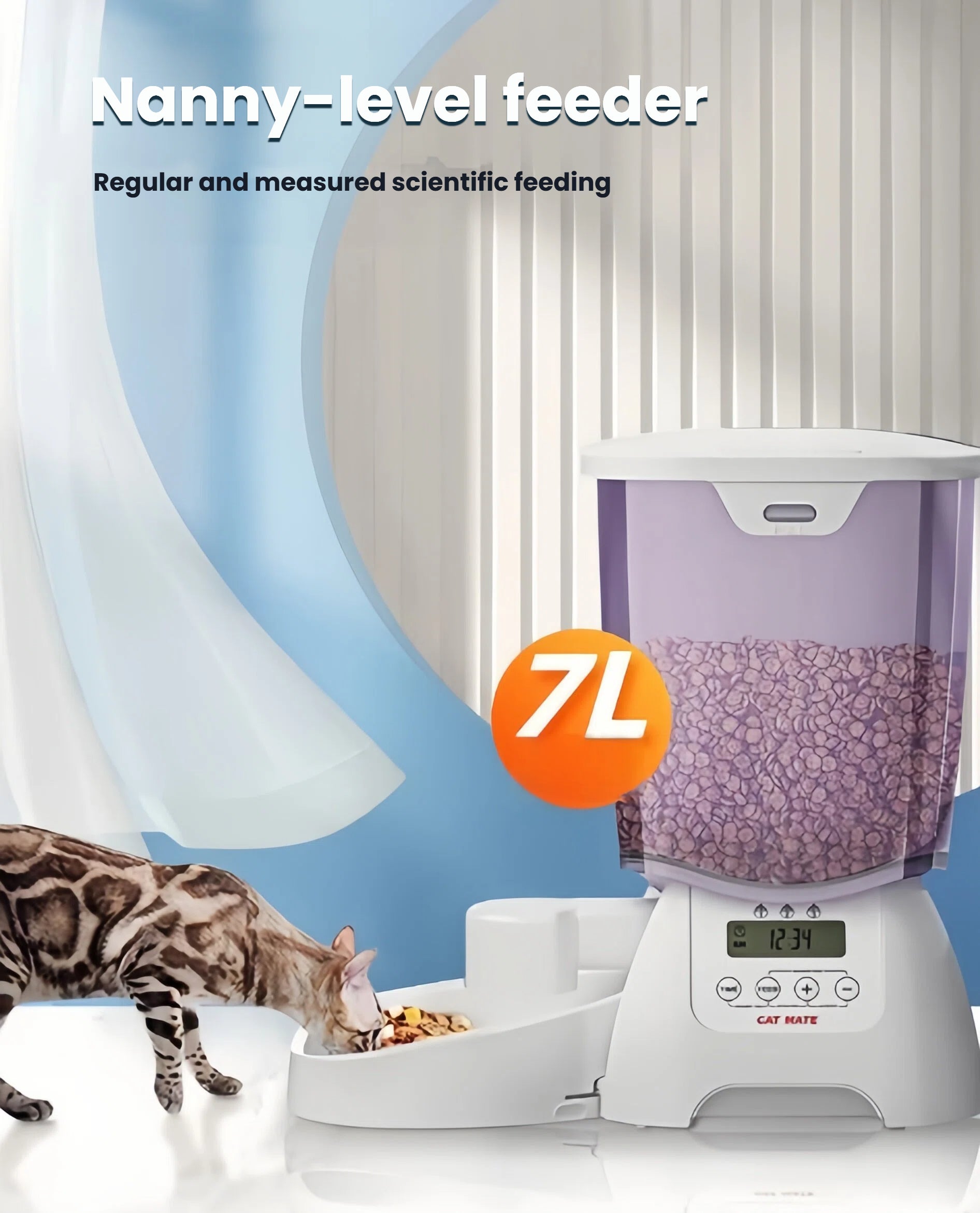 A Bengal cat eating from the Cat Mate 7L automatic feeder in a clean, modern living space. The feeder provides regular, measured meals for healthy pet nutrition.