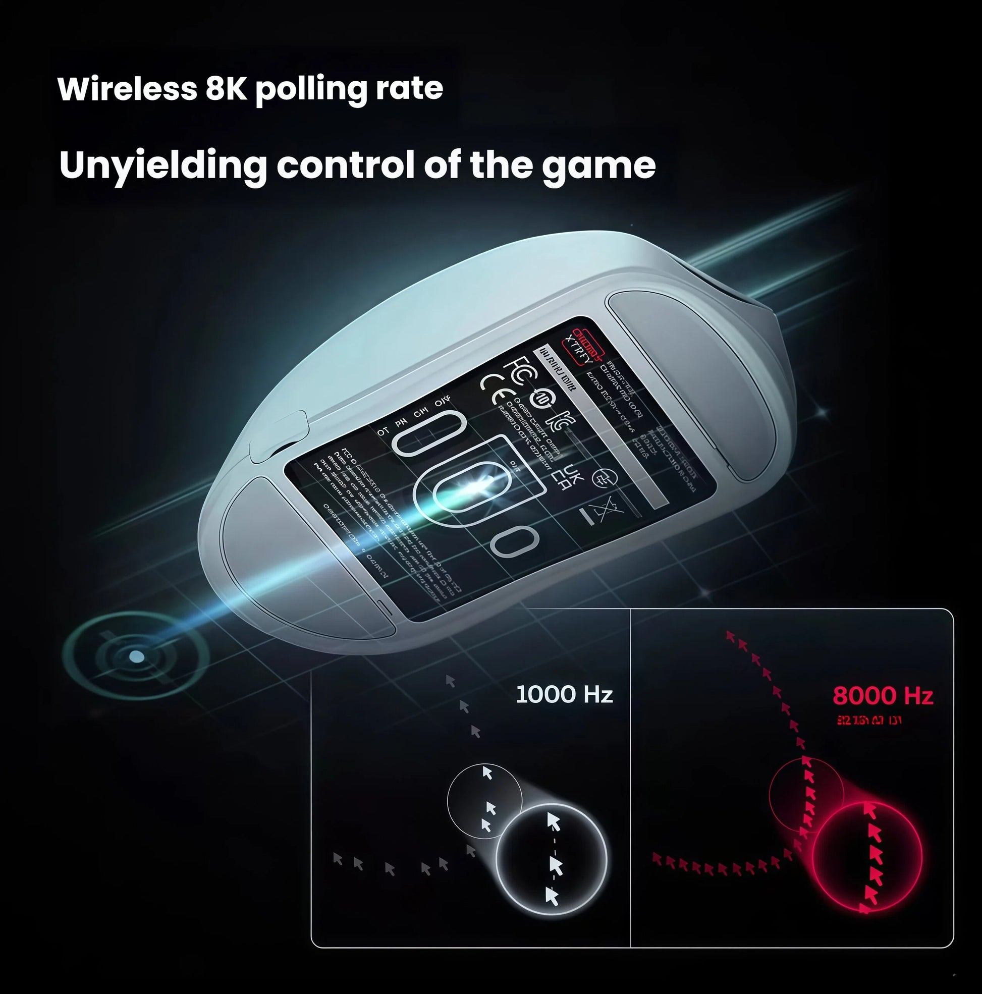 Technical visualization comparing the Cherry Xtrfy M64 WL’s 8000 Hz wireless polling rate to standard 1000 Hz. The 8KHz technology enables smoother cursor tracking, faster response times, and unyielding control during competitive gaming, especially in fast-paced FPS and MOBA titles.
