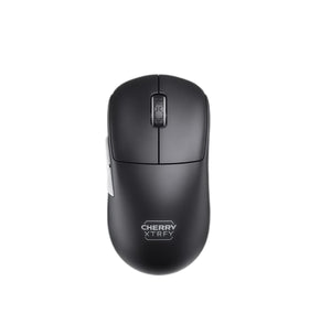 Top-down view of the Cherry Xtrfy M68 Pro WL wireless gaming mouse in black. The ergonomic shape and matte finish provide comfort and grip during extended gaming sessions, while the dual-side buttons offer customizable controls.