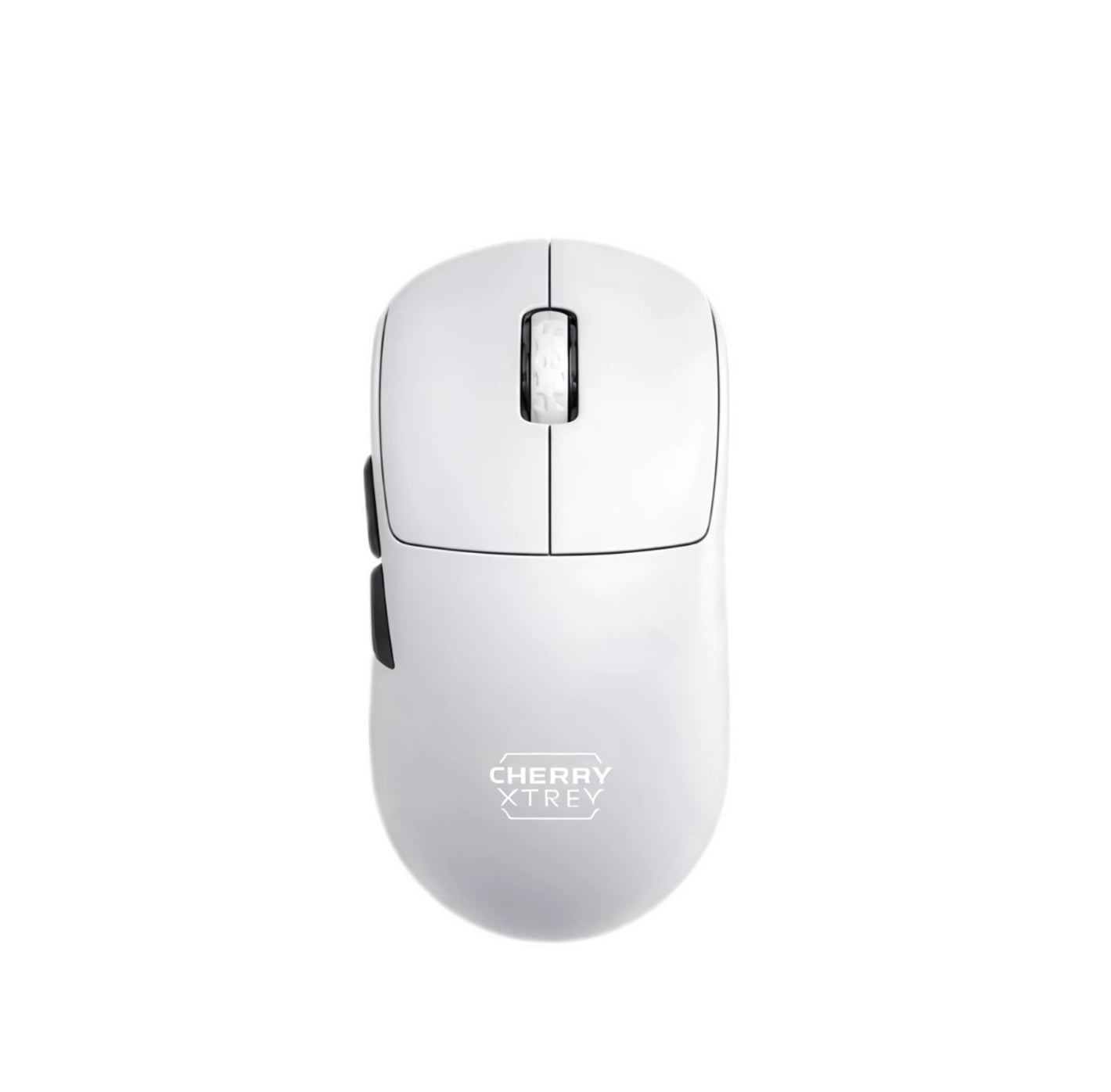 Top-down view of the Cherry Xtrfy M68 Pro WL wireless gaming mouse in white. Featuring a sleek, minimalist design with a textured scroll wheel and two side buttons, this high-performance mouse is ideal for precision gaming and professional use.