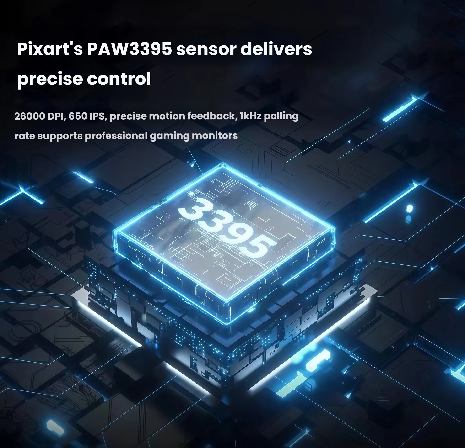 Close-up illustration of the Pixart PAW3395 optical sensor inside the Cherry Xtrfy M68 WL. This high-end sensor delivers 26,000 DPI, 650 IPS tracking speed, precise motion feedback, and 1kHz polling rate, ensuring accurate cursor movement and smooth gameplay on professional gaming monitors.
