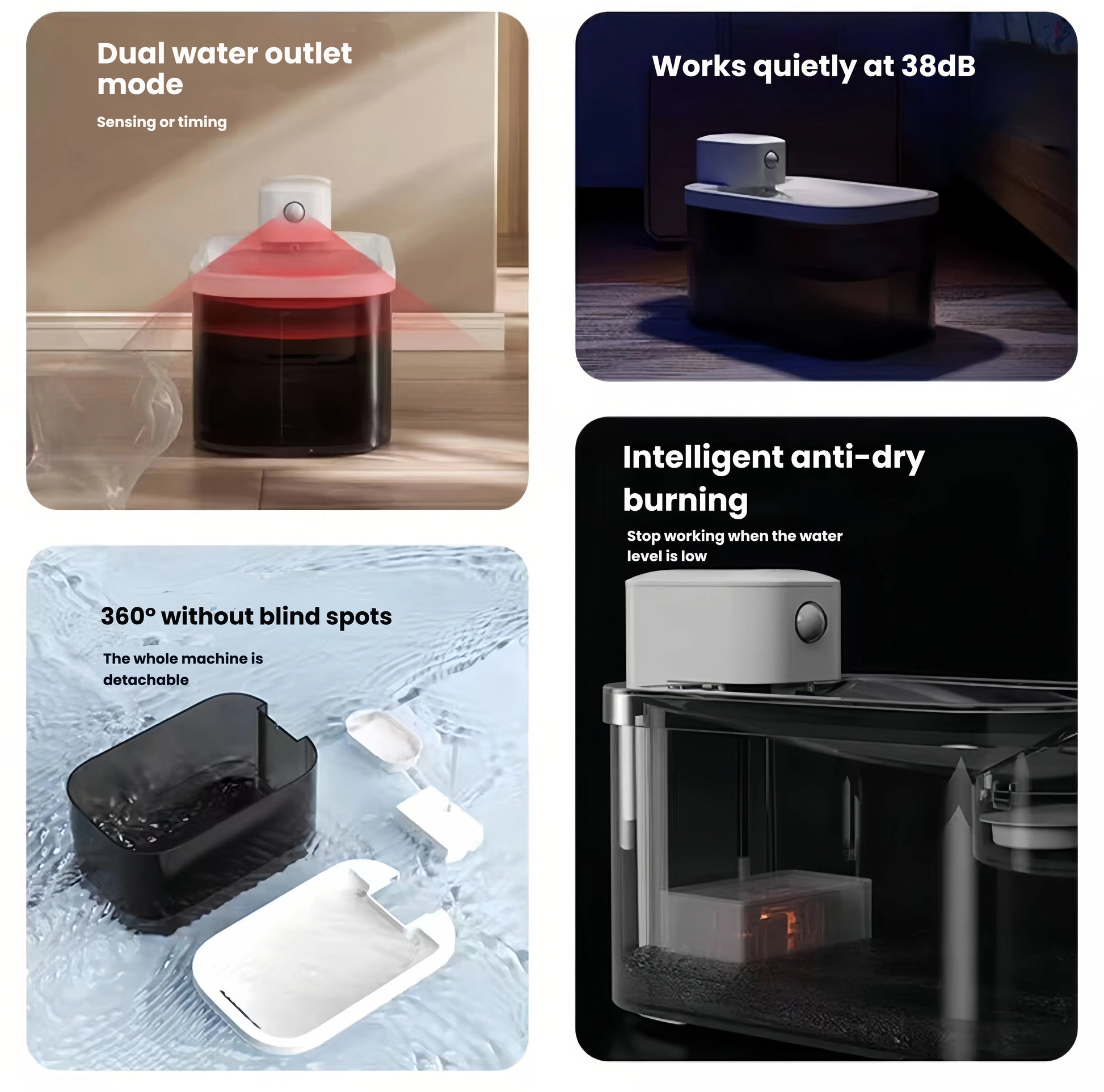 Feature collage of DOGNESS D13 pet water dispenser showing dual outlet mode (sensing/timing), quiet 38dB operation, intelligent anti-dry burn protection, and 360° detachable components for easy cleaning