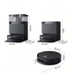 A diagram showing the precise measurements for the ECOVACS Deebot X8 Pro Omni. The robot vacuum is 9.8cm tall with a 35.1cm diameter. The two base station options' dimensions are also detailed.