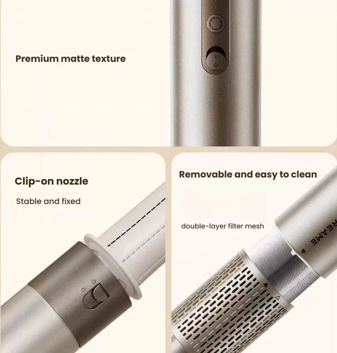 Close-up details of Dreame AirStyle 6-in-1 hair styling tool showing premium matte texture, secure clip-on nozzle attachment, and removable double-layer filter mesh for easy cleaning.