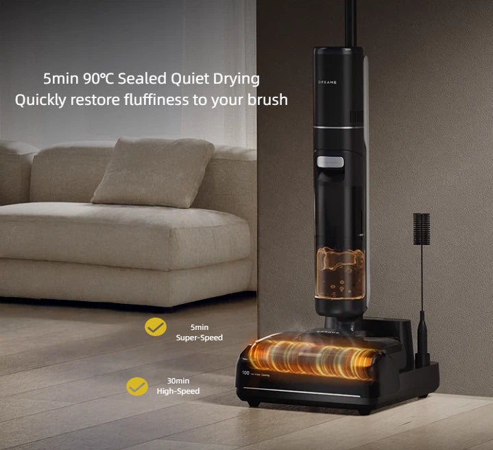The Dreame H15 Pro wet and dry vacuum in its charging station, highlighting the 5-minute, 90°C sealed quiet drying function which quickly restores the brush, set against a modern living room backdrop.