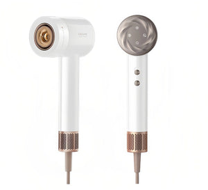 A front and back view of the Dreame Hair Glory Mix hair dryer in a clean white finish with elegant rose gold accents, showcasing its minimalist design and temperature control buttons.