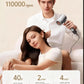A lifestyle image demonstrating the power of the Dreame hair dryer's 110,000 RPM motor, with text indicating it can dry short hair in 40 seconds, shoulder-length hair in 2 minutes, and long hair in 4 minutes.