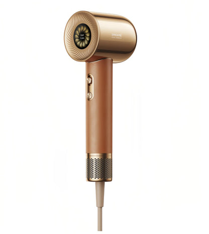 A front-facing view of the sleek Dreame Hair Miracle High-Speed Hair Dryer, featuring a luxurious gold and tan leather-textured finish, a digital display on the nozzle, and intuitive control buttons on the handle.