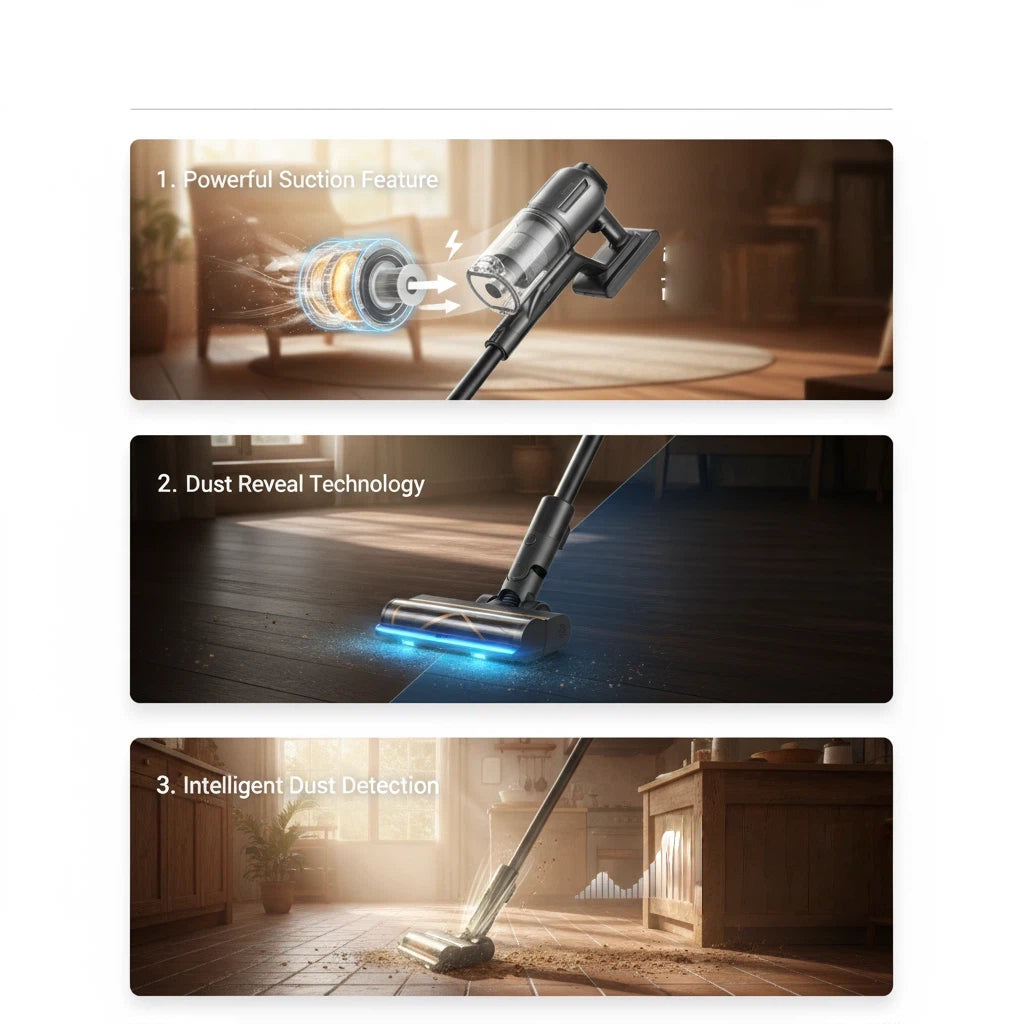 A three-part image showcasing the core technologies of the Dreame Z20 Station vacuum. It demonstrates the Powerful Suction feature, the blue light Dust Reveal Technology for illuminating floors, and the Intelligent Dust Detection system that adjusts power automatically