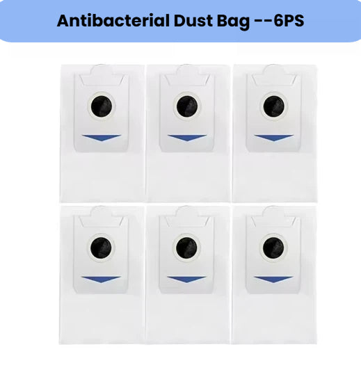 Official 6-pack of ECOVACS antibacterial dust bags designed for DEEBOT X5 OMNI and X5 PRO OMNI robot vacuums.  Multi-layer, auto-seal construction traps 99.9 % of fine dust, allergens and bacteria while locking in odors.  Easy slide-in installation, leak-proof disposal—genuine OEM quality for perfect fit and hygienic, maintenance-free operation.