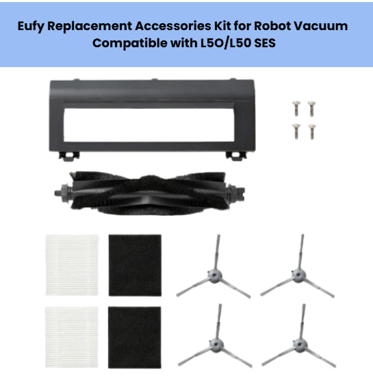 Eufy replacement accessories kit for L5O and L50 SES robot vacuum – includes 1 main brush roller, 1 dust bin filter cover, 2 white HEPA filters, 2 black foam filters, 4 side brushes, and 4 screws – compatible parts for Eufy L5O/L50 SES models