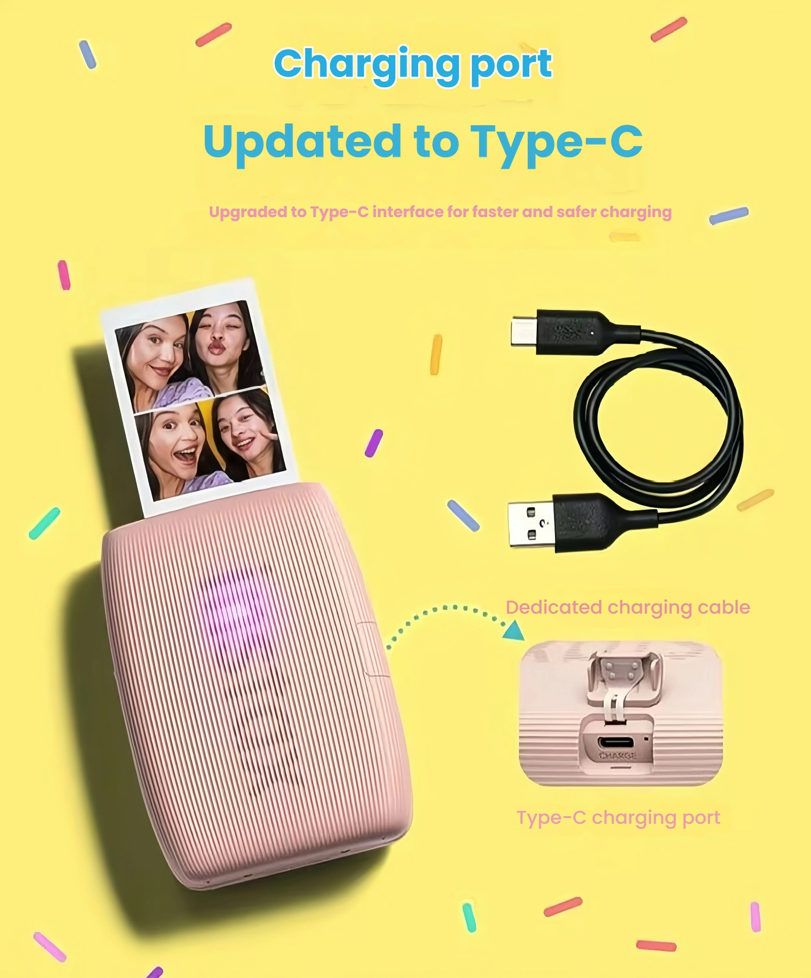 Fujifilm Instax Mini Link 3 in rose pink printing a photo with four selfie shots. Features updated USB-C charging port and dedicated charging cable for faster, safer charging. Ideal for portable instant printing.