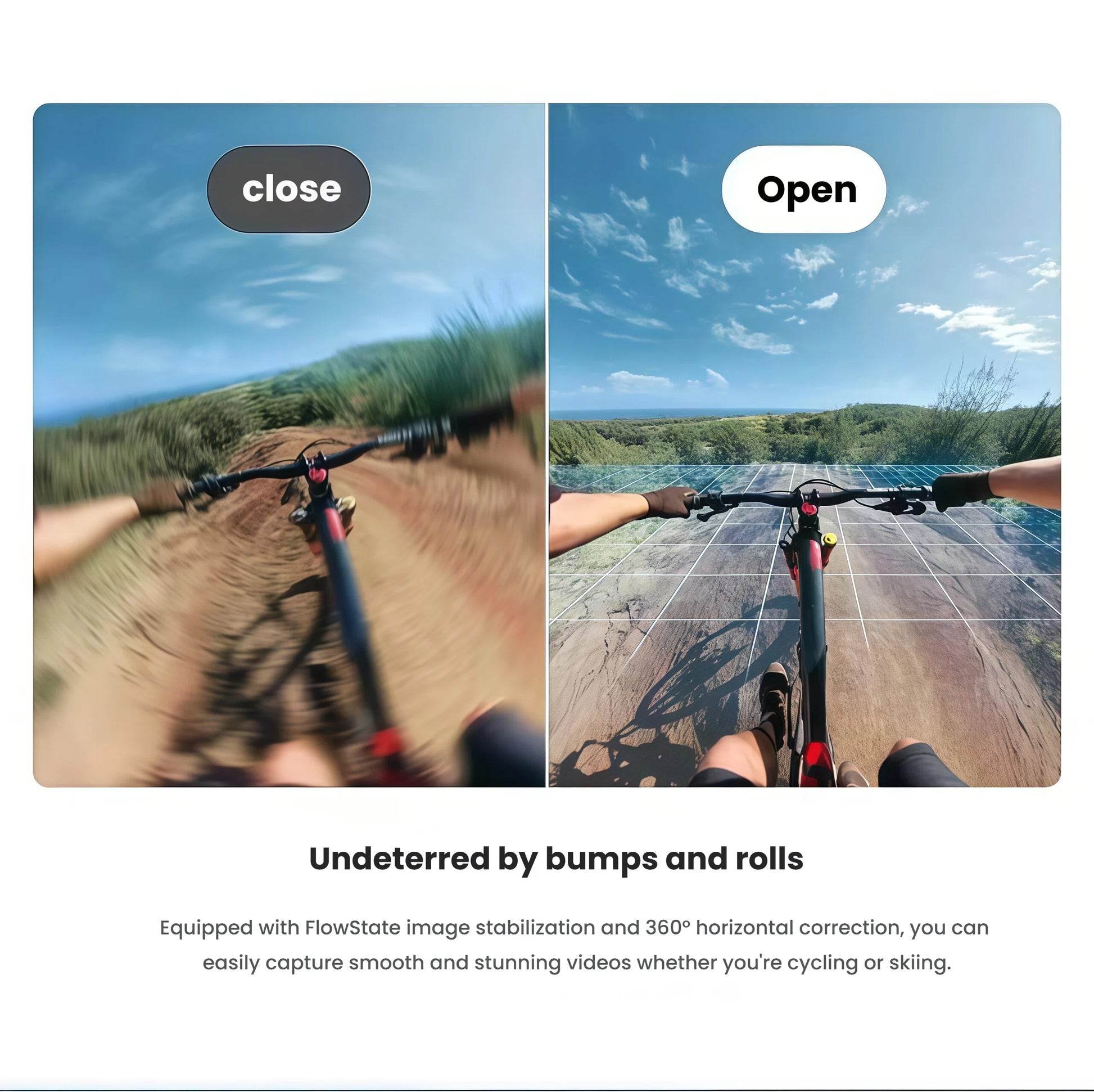 A before-and-after comparison of a mountain biker on a rough trail, demonstrating how the Insta360 X4 Air's FlowState Stabilization turns shaky footage into an incredibly smooth video.