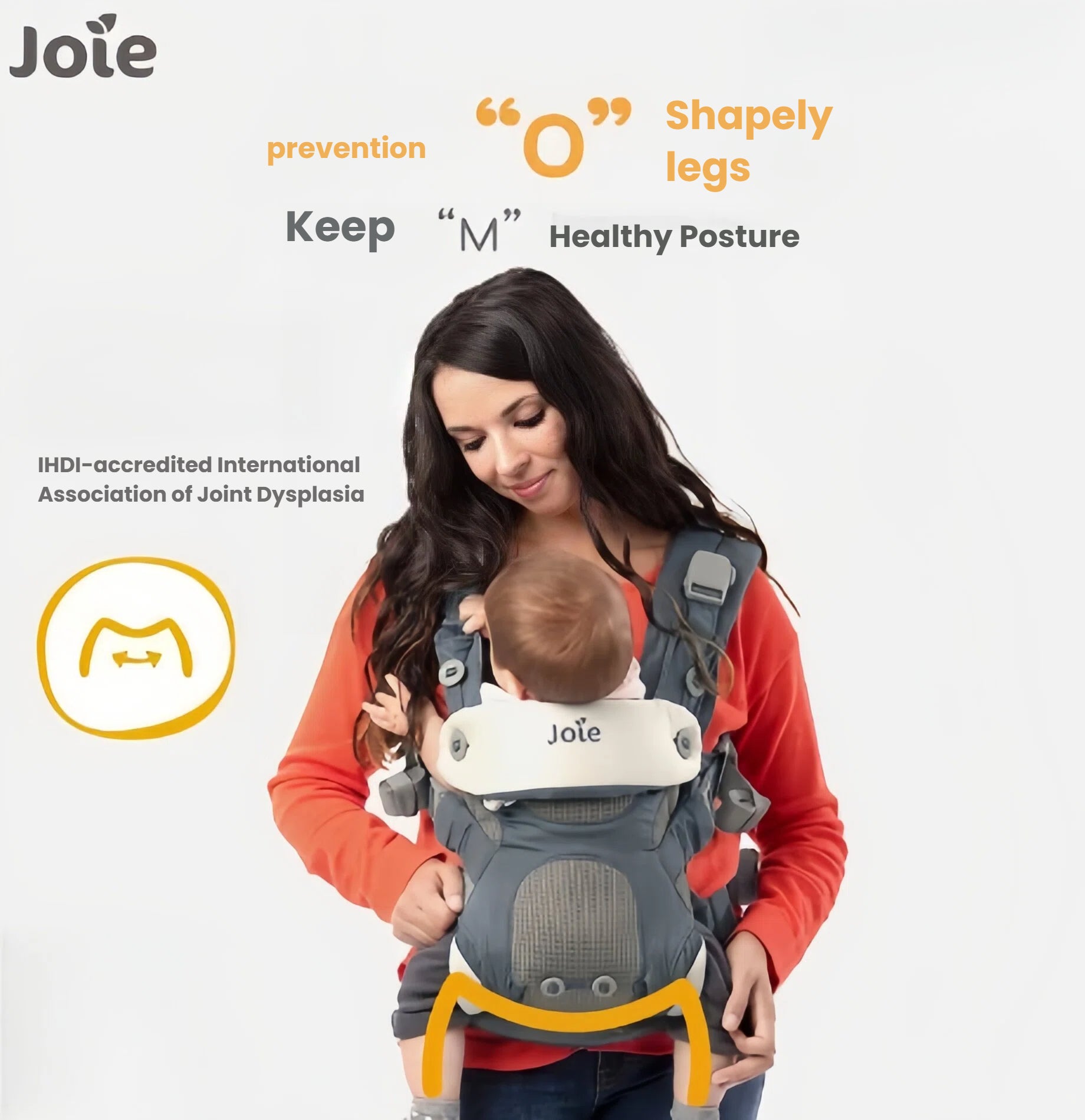 Mother wearing Joie Savvy Air 4-in-1 Baby Carrier with baby in front-facing position. Features highlighted: ergonomic "M" leg posture for hip health, IHDI-accredited design, and breathable mesh panel for newborn comfort.